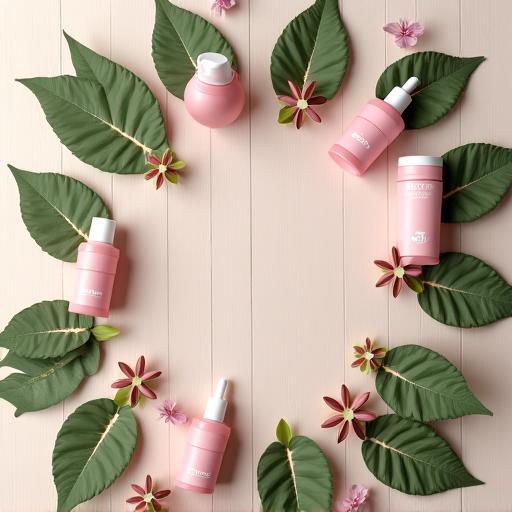 A creative flat-lay of cosmetic products with botanical elements.