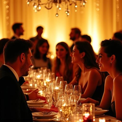 A vibrant shot of guests enjoying a gala dinner.